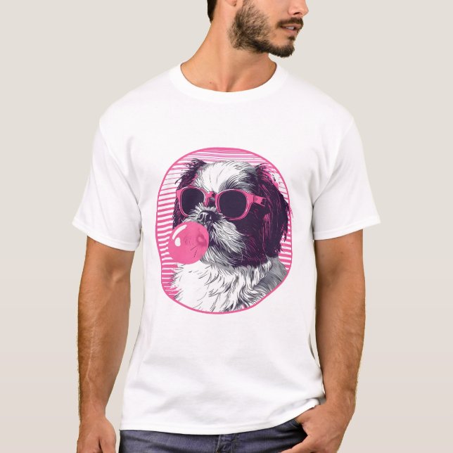 Camiseta Shih Tzu com óculos de sol e pastilha elástica ros (Frente)