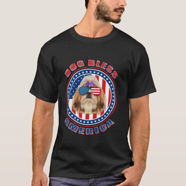 Camiseta Shih Tzu Dog Bless America Flag USA Patriotic 4th (Frente)