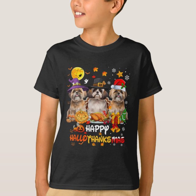 Camiseta Shih Tzu Dog Feliz Halloween Feliz de Ação de Graç (Frente)