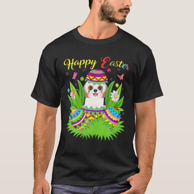 Camiseta Shih Tzu Dog Lover Páscoa Floral Ovo Funny Shih Tz (Frente)
