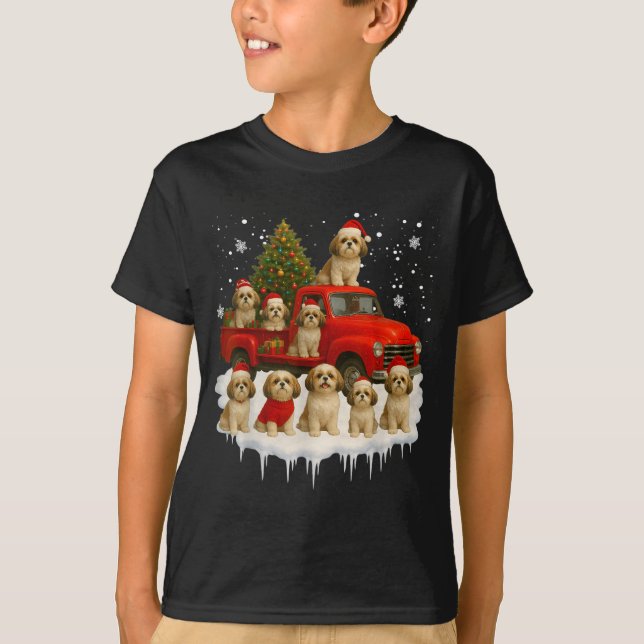Camiseta Shih Tzu Dog Red Truck Christmas Tree Santa Ugly X (Frente)