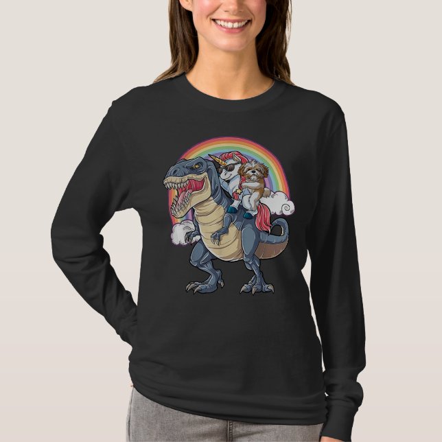 Camiseta Shih Tzu E Unicorn Andam Rex Como Chefe (Frente)
