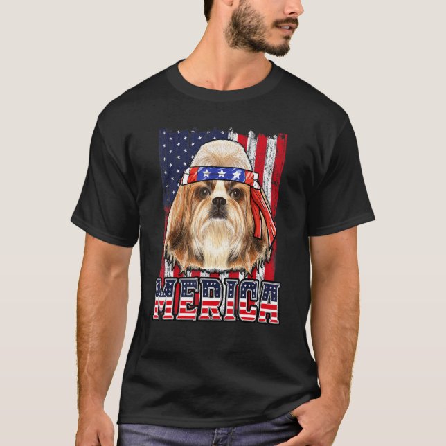 Camiseta Shih Tzu Merica 4 de julho Bandeira Patriótica do  (Frente)