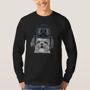 Camiseta Shih Tzu Usando Capacete de Motocicleta Vintage