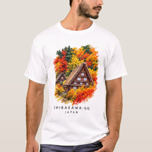 Camiseta Shirakawa-go Japão Paisagem em Aquarela de Outono
