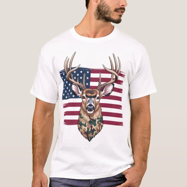 Camiseta Shirt American Flag Buck | Tee de caça Patriótica (Frente)