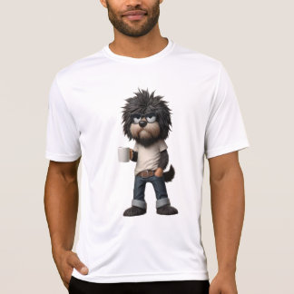 Camiseta Shirt mit Hund der eine Tasse in der Hand hat.