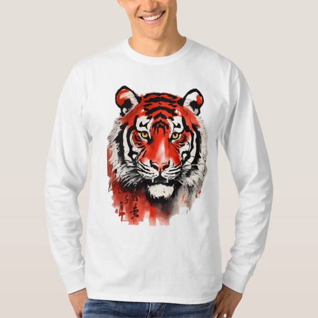 Camiseta shuǐ mò huà, 水 墨 画, tinta preta e vermelha, tigre  (Frente)
