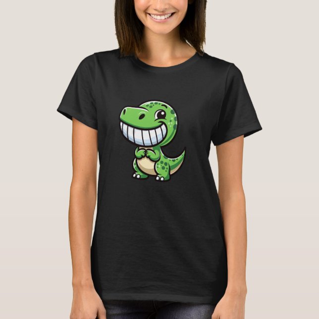 Camiseta Shy Dino Cartoon Trex Showing Teeth Happy Friendly (Frente)
