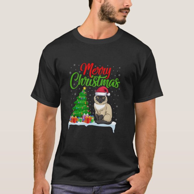 Camiseta Siamês Cat Árvore de Natal Luzes Xmas Gato Siamês (Frente)