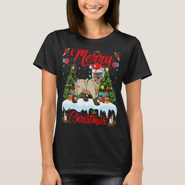 Camiseta Siamês Cat Luzes Xmas Papais noeis de árvores Siam (Frente)