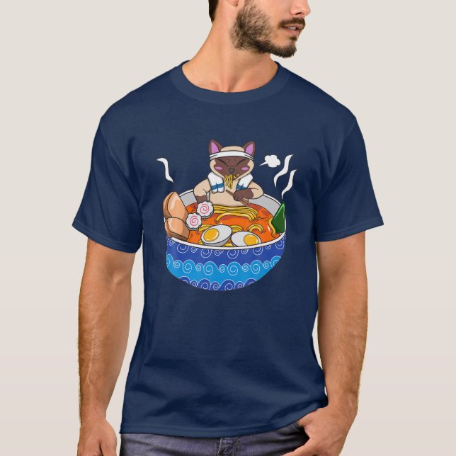 Camiseta Siamese Cat Chillin Ramen Kawaii Comida japonesa O (Frente)