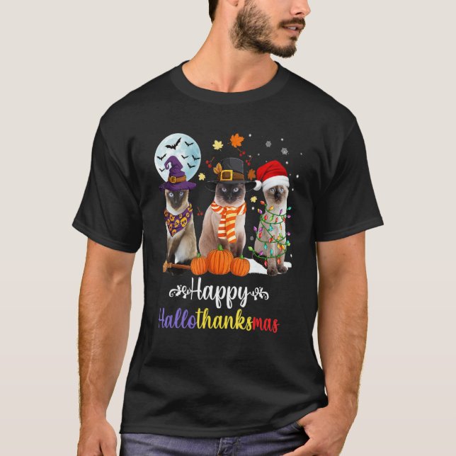 Camiseta Siamese Cat Halloween Feliz Natal Hallot (Frente)