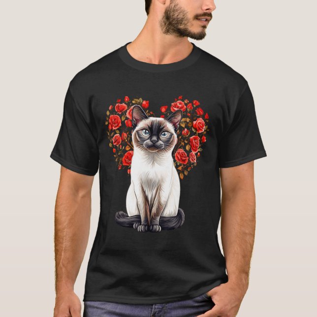 Camiseta Siamese Cat Lover Floral Heart Valentines Day  (Frente)