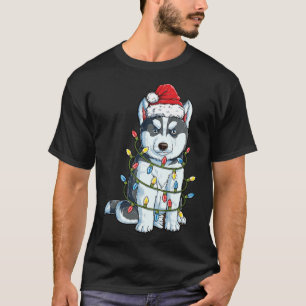 Camiseta Siberian Husky Christmas Santa Hat Xmas Lights Bo