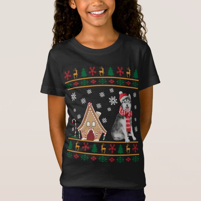 Camiseta Siberian Husky Christmas Ugly Sweater Santa Hat Re (Frente)