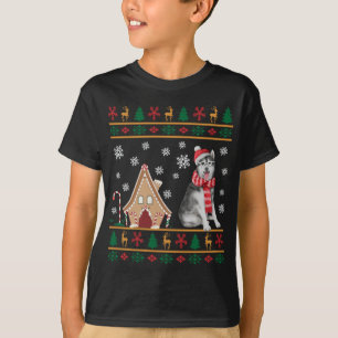 Camiseta Siberian Husky Christmas Ugly Sweater Santa Hat Re
