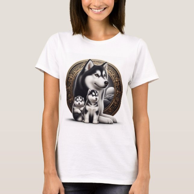 Camiseta Siberian Husky Com Pups (Frente)