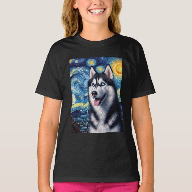 Camiseta Siberian Husky Dog Art Van Gogh Starry Night Siber (Frente)