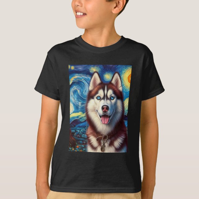 Camiseta Siberian Husky Dog Art Van Gogh Starry Night Siber (Frente)