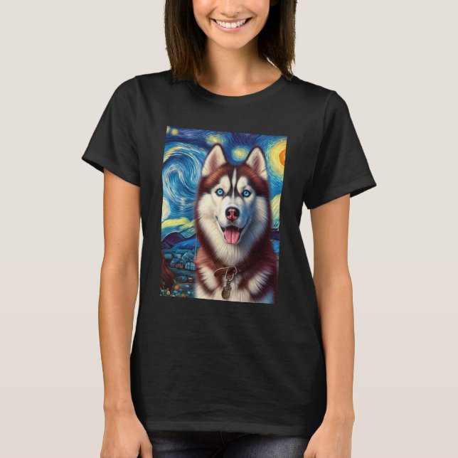 Camiseta Siberian Husky Dog Art Van Gogh Starry Night Siber (Frente)