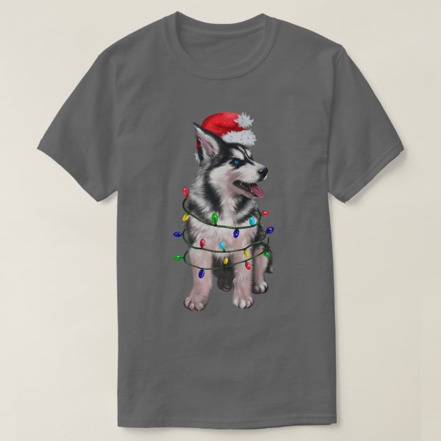 Camiseta Siberian Husky Dog Santa Hat Noite Luzes de Árvore (Frente do Design)
