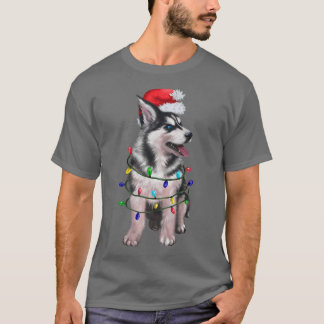 Camiseta Siberian Husky Dog Santa Hat Noite Luzes de Árvore
