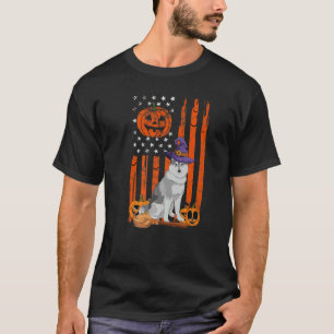 Camiseta Siberian Husky Halloween USA Bandeira Bruxaria Cac