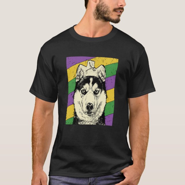 Camiseta Siberian Husky Jester Mardi Gras Dog Mom or Dad (Frente)