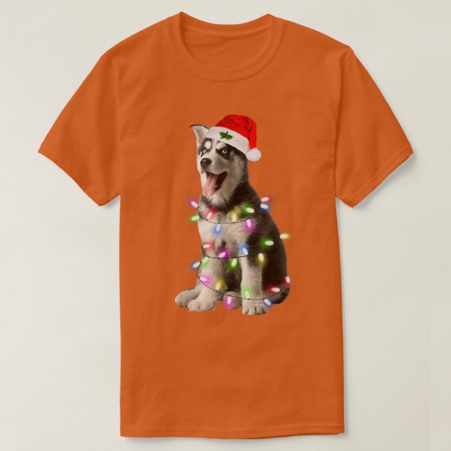 Camiseta Siberian Husky Papai noel a árvore de Natal Luzes  (Frente do Design)