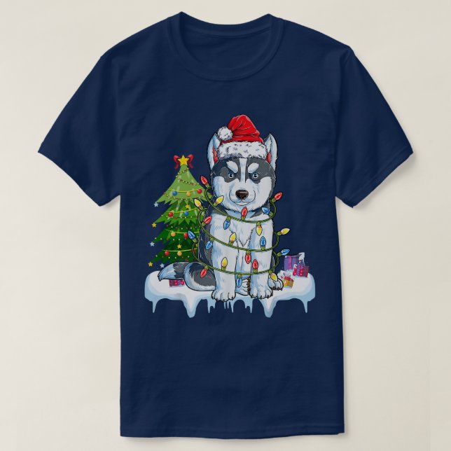 Camiseta Siberian Husky Papais noeis Árvore de Natal Luzes  (Frente do Design)