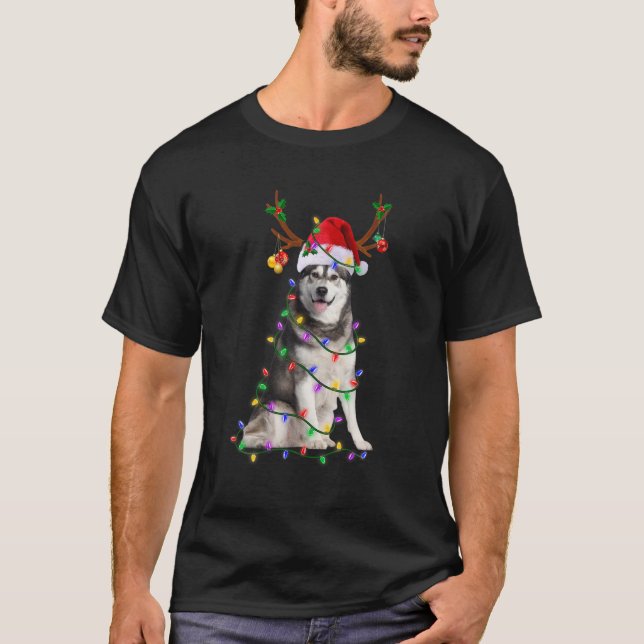 Camiseta Siberian Husky Papais noeis Árvore de Natal Luzes  (Frente)