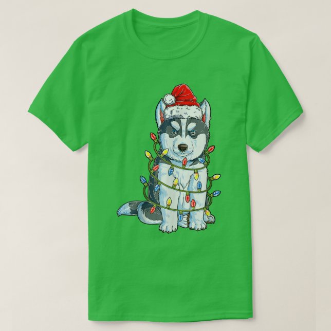 Camiseta Siberian Husky Papais noeis Árvore de Natal Luzes  (Frente do Design)