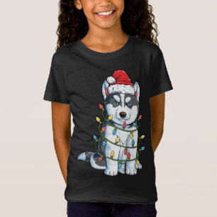 Camiseta Siberian Husky Papais noeis Árvore de Natal Luzes 