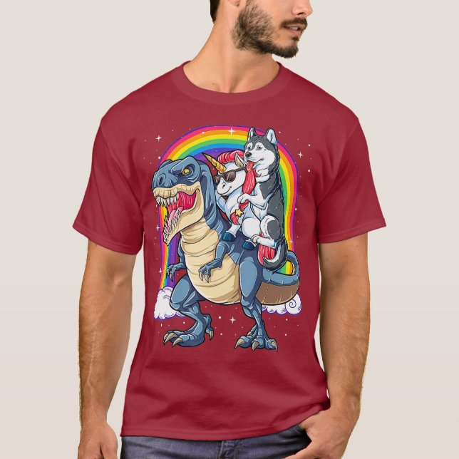 Camiseta Siberian Husky Unicorn Dinossaur T rex Engraçado (Frente)
