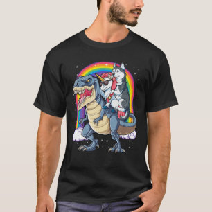Camiseta Siberian Husky Unicorn Dinossaur T Rex Funny Rainb