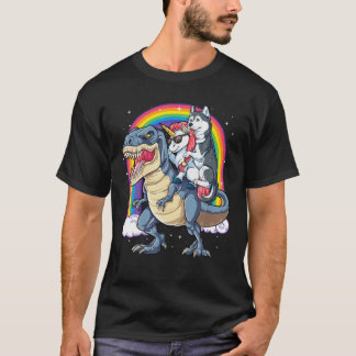 Camiseta Siberian Husky Unicorn Dinossaur T Rex Funny Rainb