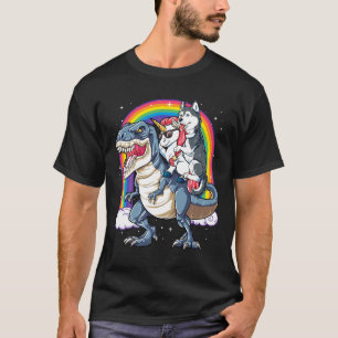 Camiseta Siberian Husky Unicorn Dinossaur T rex Funny Rainb