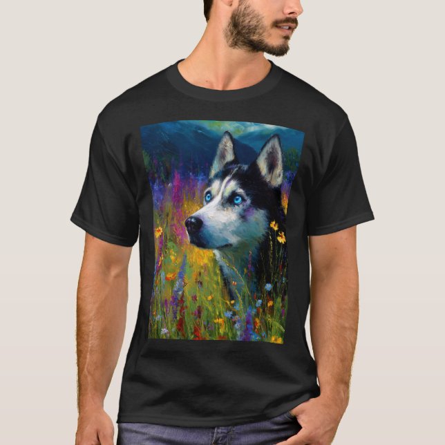 Camiseta Siberian Husky with wildflowers (Frente)