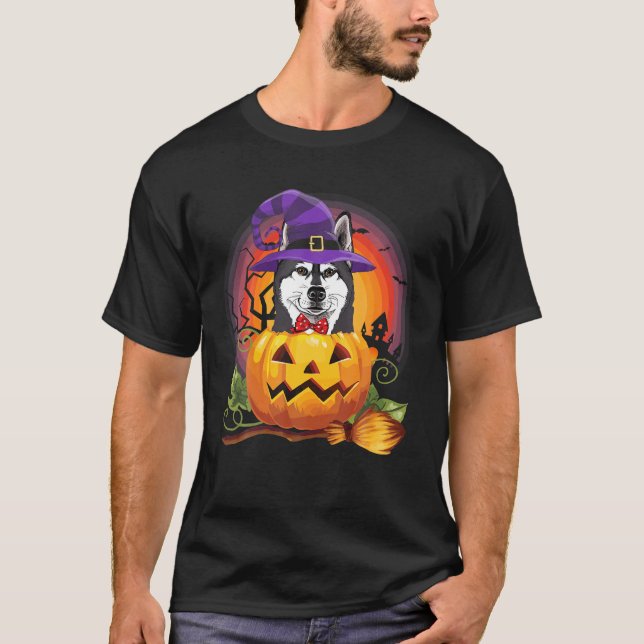 Camiseta Siberian Husky Witky Pumpkin Halloween Dog Lover (Frente)
