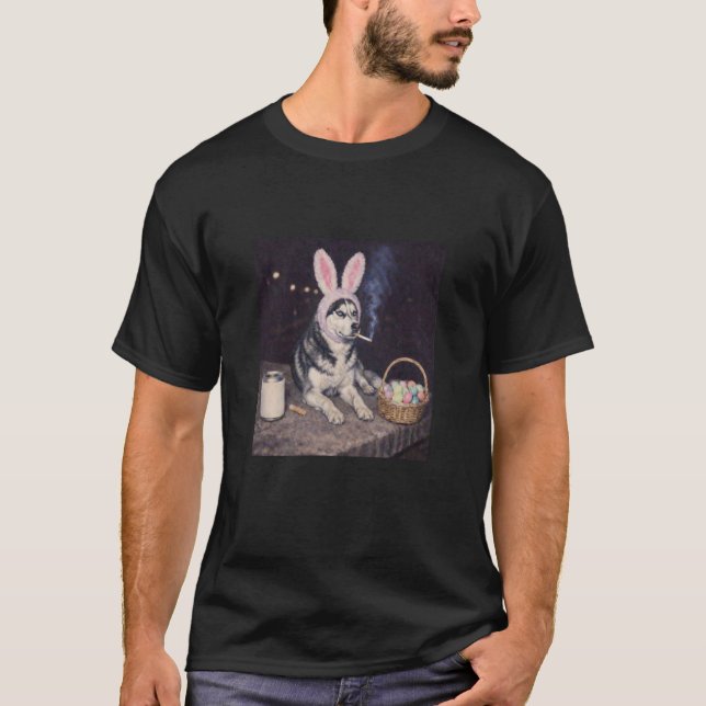Camiseta Siberiano engraçado com orelhas de coelho fumando  (Frente)