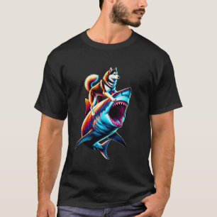 Camiseta Siberiano Engraçado Husky Montando Tubarão Amante