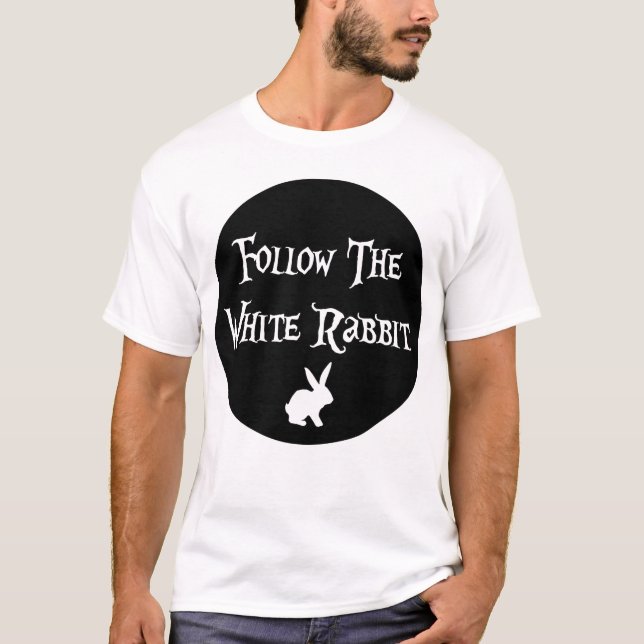 Camiseta Siga a Alice do Coelho Branco, círculo preto (Frente)