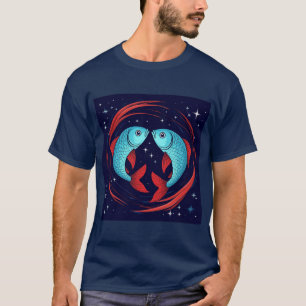 Camiseta Signo Zodiacal de Peixes em um Estilo Artístico Có