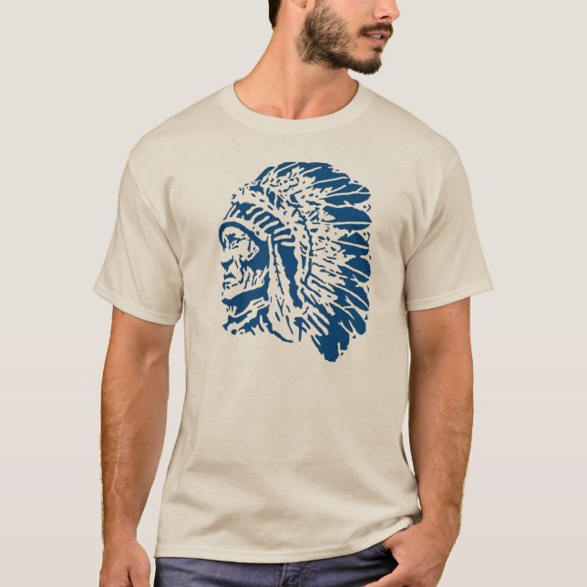 Camiseta Silhueta azul principal do nativo americano (Frente)