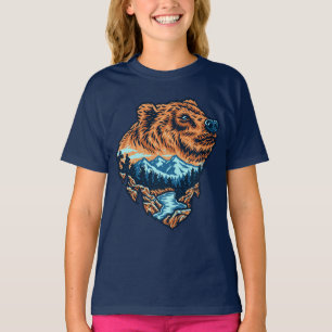 Camiseta Silhueta da Cabeça de Urso Pardo Montanha Floresta