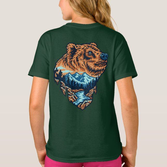 Camiseta Silhueta da Cabeça de Urso Pardo Montanha Floresta (Verso)