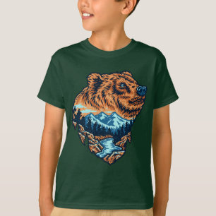 Camiseta Silhueta da Cabeça de Urso Pardo Montanha Floresta