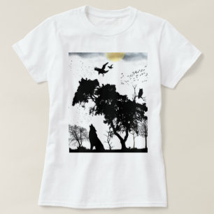 Camiseta silhueta da vida selvagem da floresta mística pôr