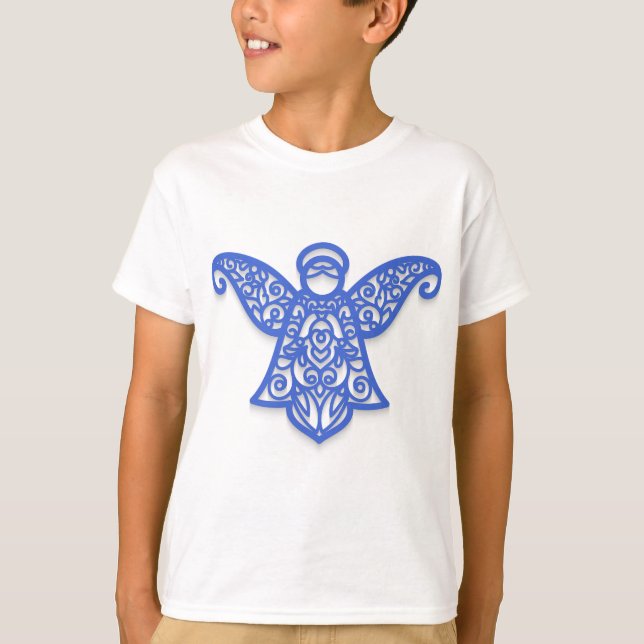 Camiseta Silhueta de Anjo Azul com Renda Ornamentada (Frente)